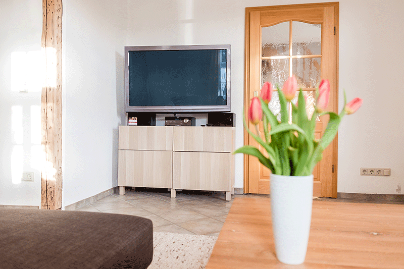 Ferienhaus Treffurt, Wohnzimmer mit gemütlicher Couch und großem TV